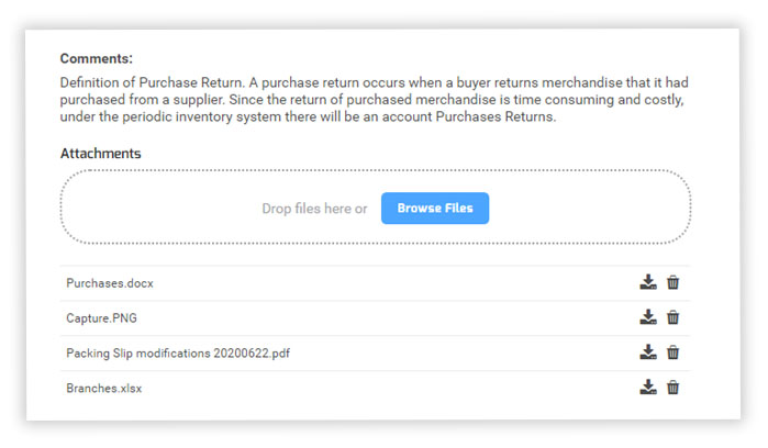 Purchase return Comments and Attachments